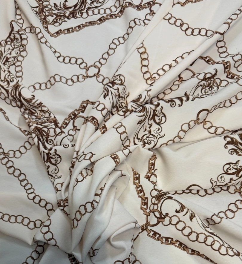 3 Metres Woven Crepe De Chine Fabric (58 Inches) - Chains Printed Multi Colour Gold