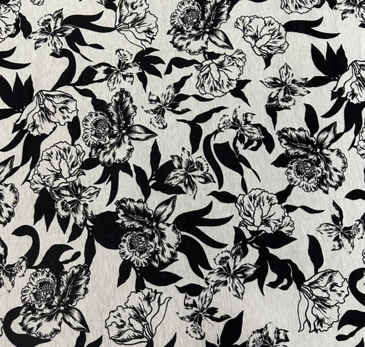 3 Metres Spun Poly Single Jersey Strech Fabric (58 Inches) - White Black Floral Print