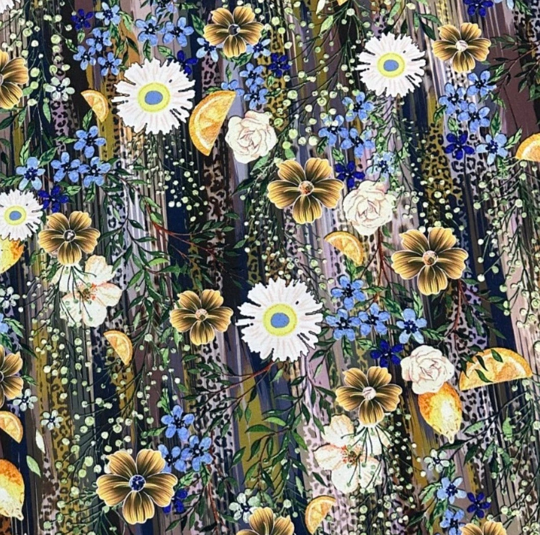 3 metres multi coloured leaves print soft peach crepe de chine fabric 58 inches wide