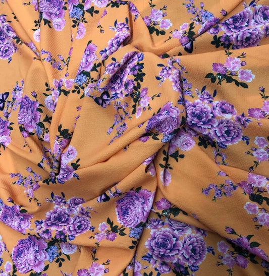 3 Metres Soft Bubble Crepe Fabric (58 Inches) - Orange Purple Floral Print