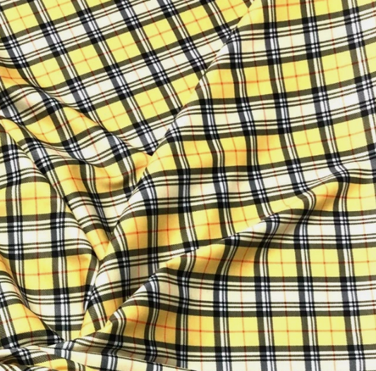 Yellow check print Ponte Roma double jersey fabric