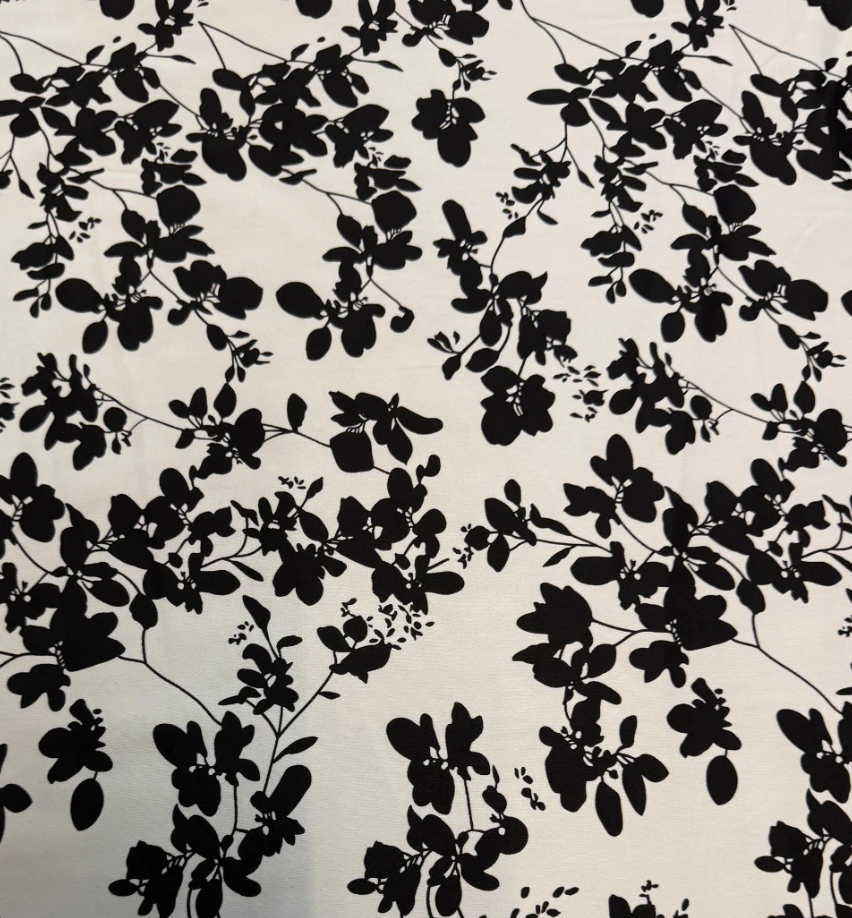 3 Metres Woven Crepe De Chine Fabric (58 Inches) - Ivory Black Floral Printed