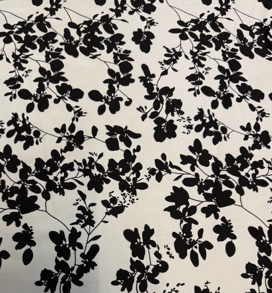 3 Metres Woven Crepe De Chine Fabric (58 Inches) - Ivory Black Floral Printed