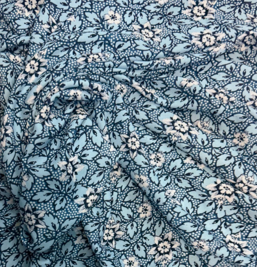 3 Metres Woven Crepe De Chine Fabric (58 Inches) - Printed Multi Colour Floral Blue