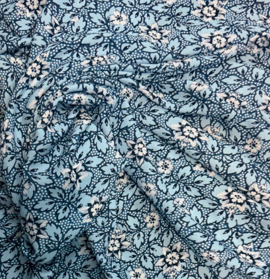3 Metres Woven Crepe De Chine Fabric (58 Inches) - Printed Multi Colour Floral Blue