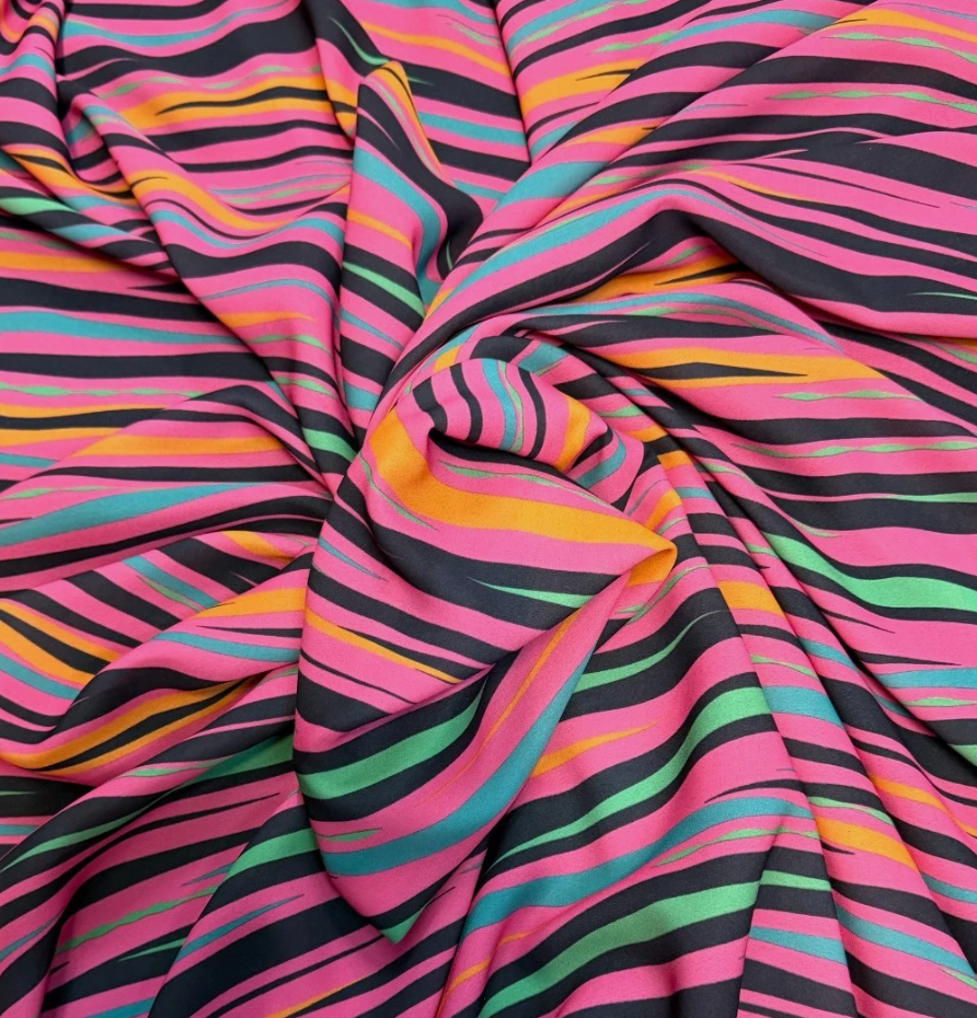 3 Metres Woven Crepe De Chine Fabric (58 Inches) - Stripe Printed Multi Colour Pink