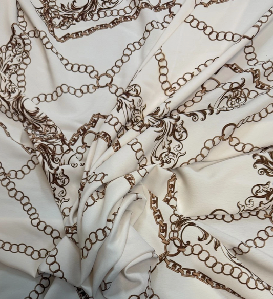 Chains printed multi colour gold woven crepe de chine fabric