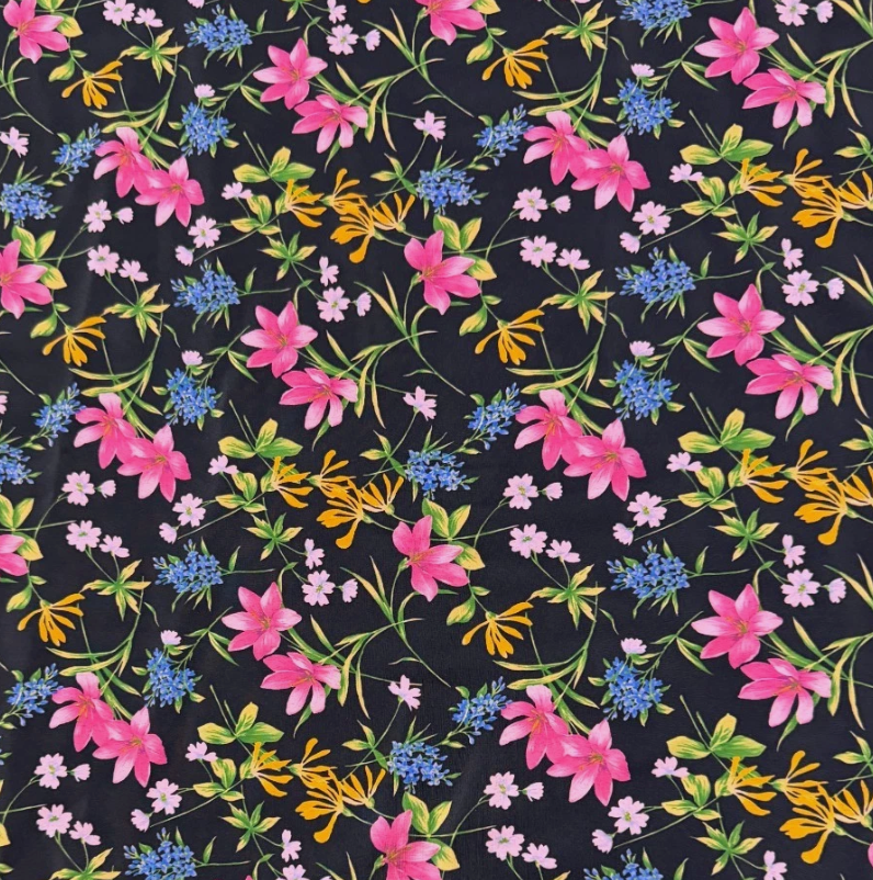 3 Metres Woven Crepe De Chine Fabric (58 Inches) - Floral Printed Multi Colour Pink Black