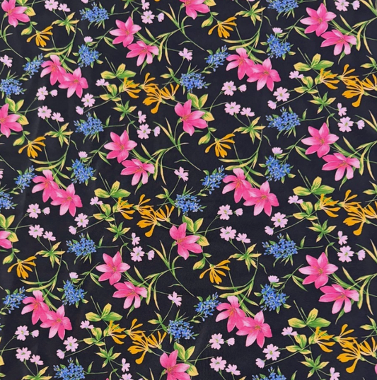 Floral printed multi colour pink black woven crepe de chine fabric