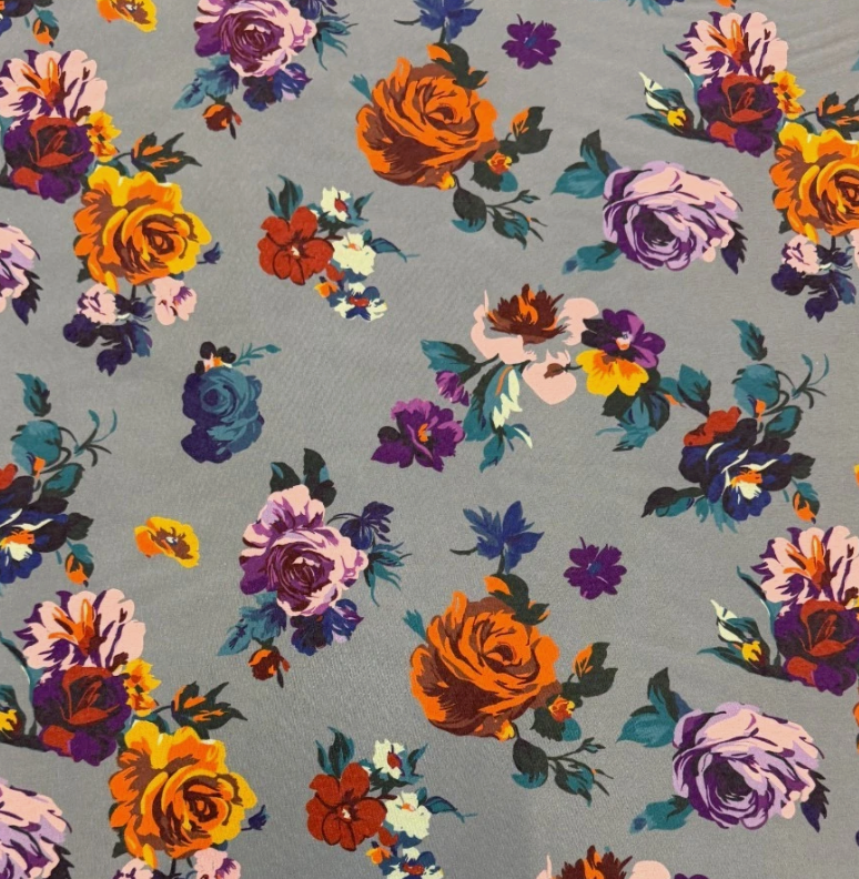3 Metres Woven Peach Crepe De Chine Fabric (58 Inches) - Grey Floral Printed Multi Colour