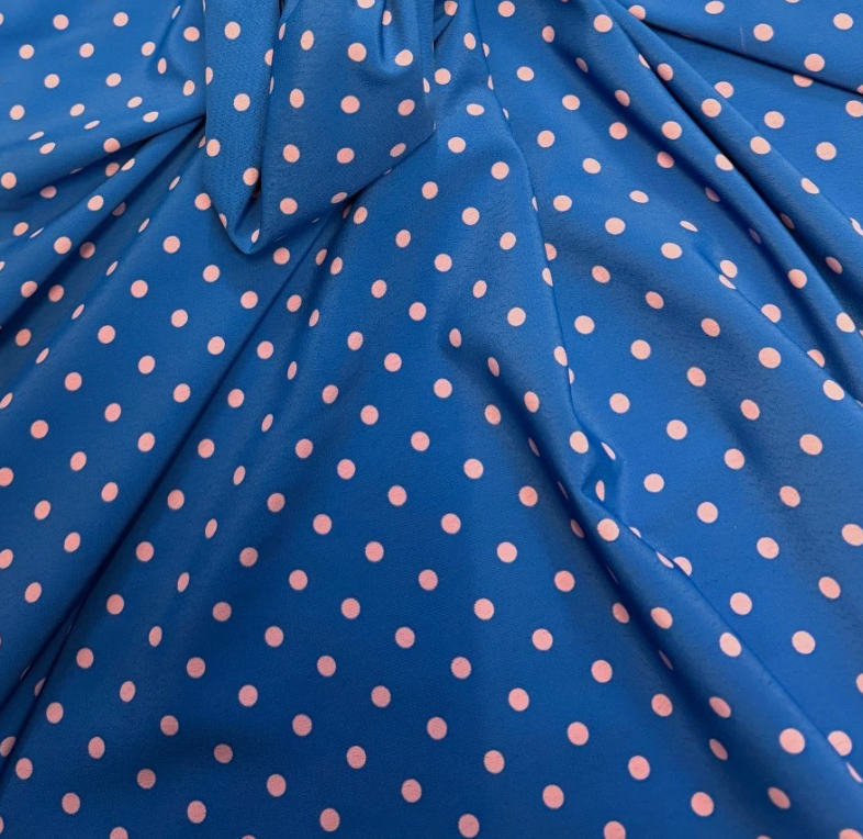 3 Metres Woven Crepe De Chine Fabric (58 Inches) - Royal Blue Pink Polka Dots
