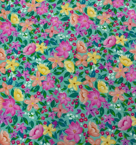 Floral print multi coloured Liverpool textured scuba jersey stretch fabric