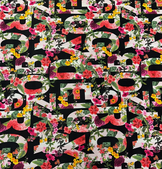 Letters print multi coloured Liverpool textured scuba jersey stretch fabric