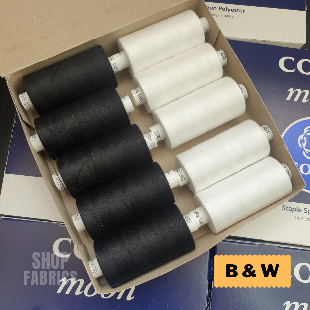 10 black and white Coats Moon 1000 yards thread spools